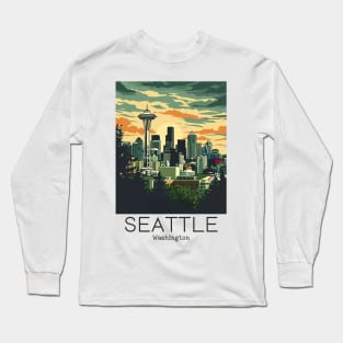 A Vintage Travel Illustration of Seattle - Washington - US Long Sleeve T-Shirt